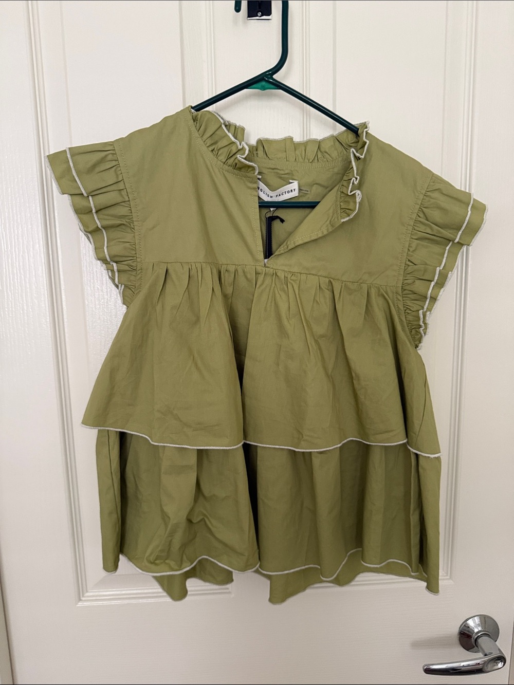 NWT English Factory Olive Ruffle Tiered Tunic with White Trim, sz Medium